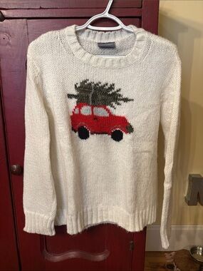 Wooden Ships Cream Sweater with Red Car and Green Tree Motif